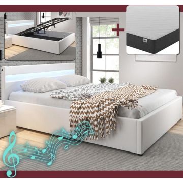 Cama de matrimonio canapé con música (subwoofer)  Barry en color blanco con colchón (150x190cm)