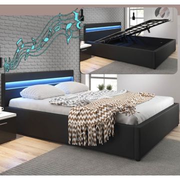 Cama de matrimonio canapé con música (subwoofer) Barry en color negro (150x190cm)