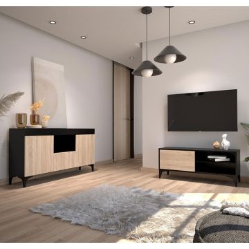 Conjunto de muebles Kai aparador y mueble TV negro y sonoma mate 
